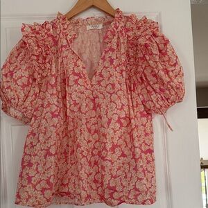 Amira Pink & Cream Floral Ruffle Puff-Sleeve Blouse